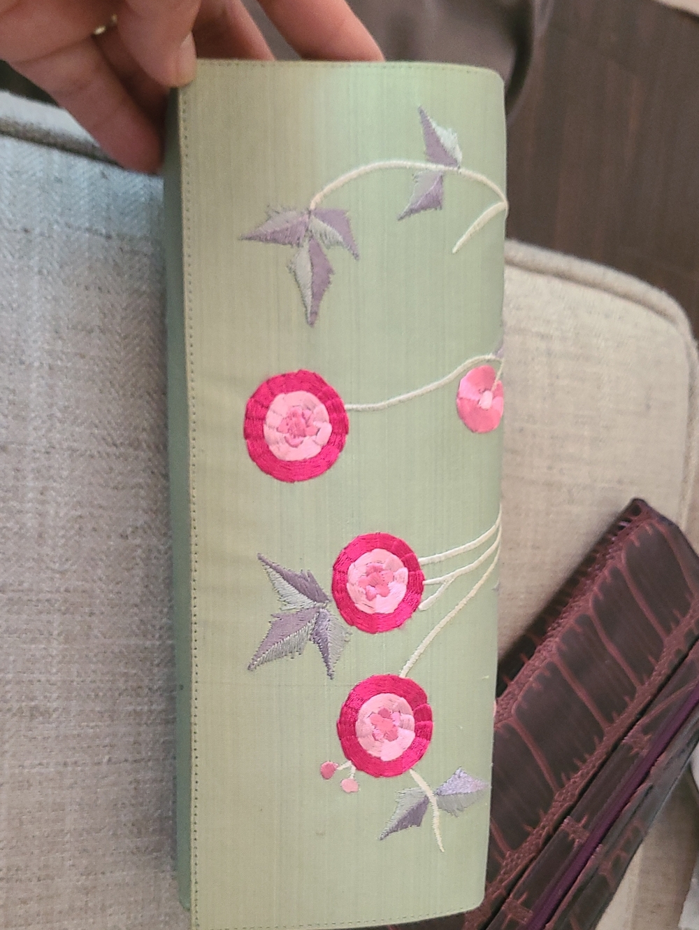 Hand-Embroidered Green Wall Hanging with Pink Floral Accents